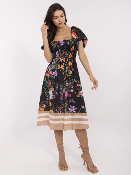 Fekete női lenvászon midi ruha virágmintával