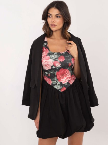 Rózsaszín-fekete női viszkóz miniruha virágmintával