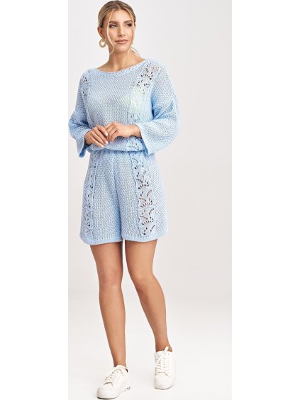 Világoskék női kötött blúz szett 3/4-es ujjal és rövidnadrággal