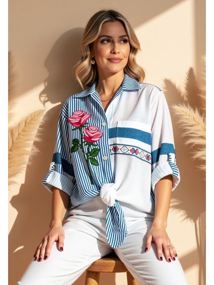Fehér-kék női ing aszimmetrikus mintával