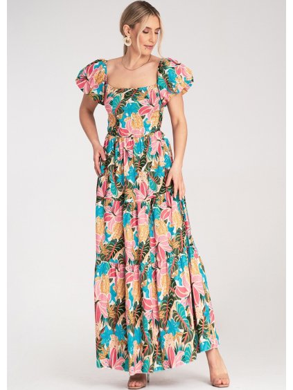 Nyári mintás maxi ruha, rövid ujjú