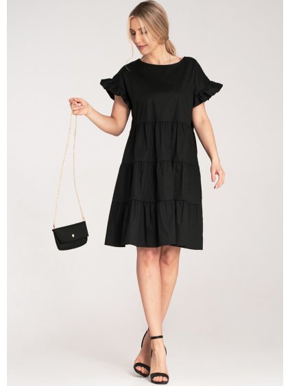 Fekete pamut miniruha fodros ujjakkal és aranyláncon függő kézitáskával