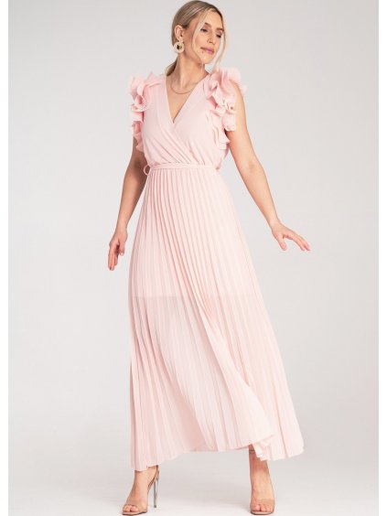 Rózsaszín maxi ruha V-nyakkivágással és fodros díszítéssel a vállán