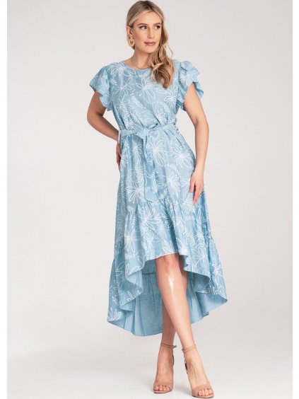 Világoskék női aszimmetrikus virágmintás ruha fodrokkal