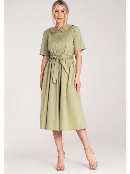 Khaki pamut midi ruha gallérral és övvel
