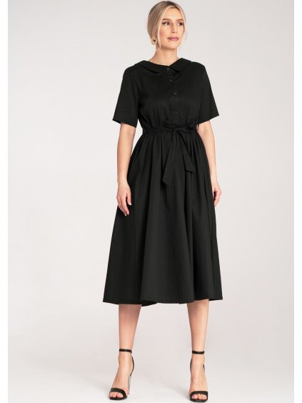 Fekete pamut midi ruha gallérral és övvel
