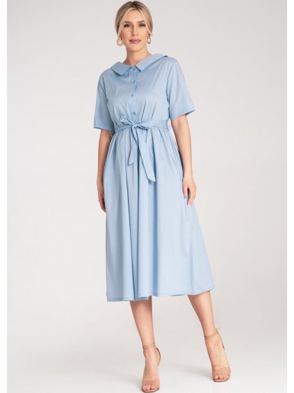 Világoskék pamut midi ruha gallérral és övvel