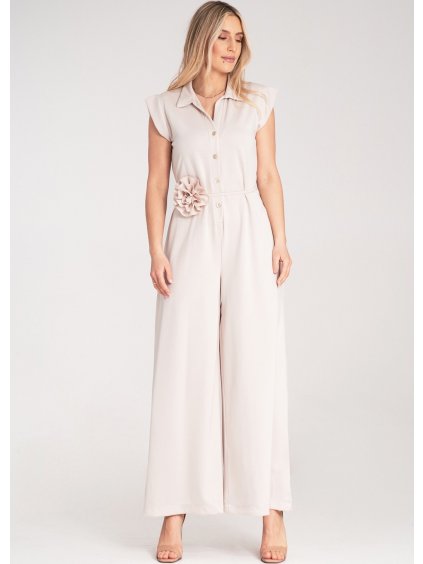 Világos bézs női viszkóz overál övvel és díszvirággal