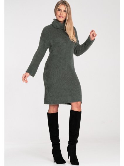Olajzöld Női Pulóverruha Garbónyakkal