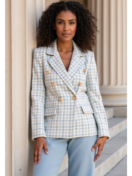 Világoskék női blézer elegáns jacquard anyagból