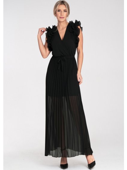 Fekete maxi ruha fodros vállrésszel