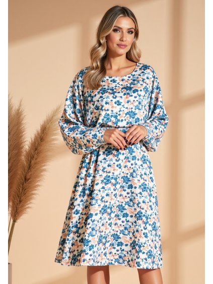 Világoskék női szatén ruha virágmintával