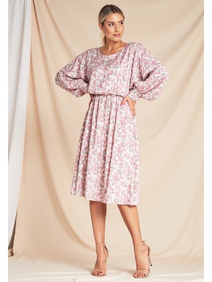 Világos rózsaszín női szatén ruha virágmintával