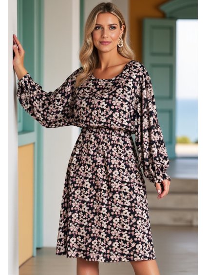 Fekete női szatén ruha virágmintával