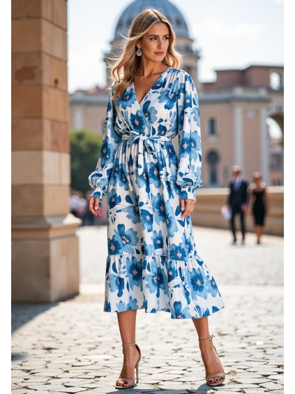 Fehér-kék női virágos hosszú ujjú ruha