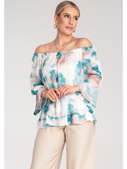 Fehér-türkiz női spanyol blúz széles nyakkivágással