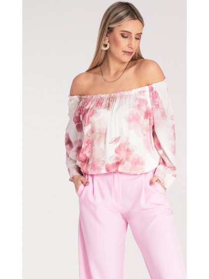 Fehér-rózsaszín női spanyol blúz széles nyakkivágással