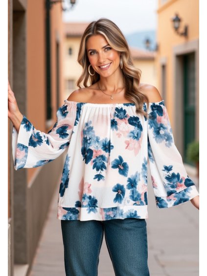 Fehér-kék női spanyol blúz széles nyakkivágással