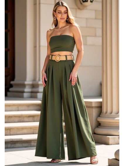 Khaki színű női elegáns bő szárú nadrág magas derékkal (Méret ONE SIZE)