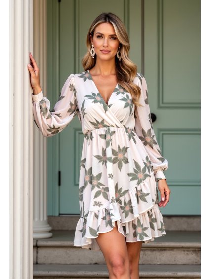 Légies fehér-zöld virágmintás midi ruha áttört nyakkivágással
