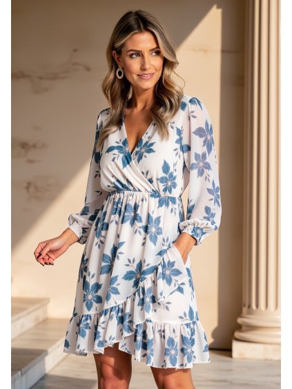 Légies fehér és kék virágmintás midi ruha áttört nyakkivágással