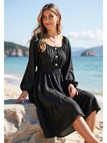 Fekete női midi ruha nyitott vállakkal