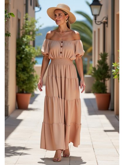 Bézs nyári maxi ruha rövid ballonujjakkal