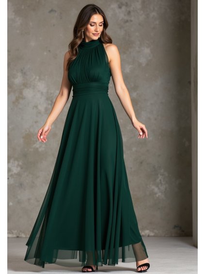 Sötétzöld női maxi ruha nyitott vállakkal