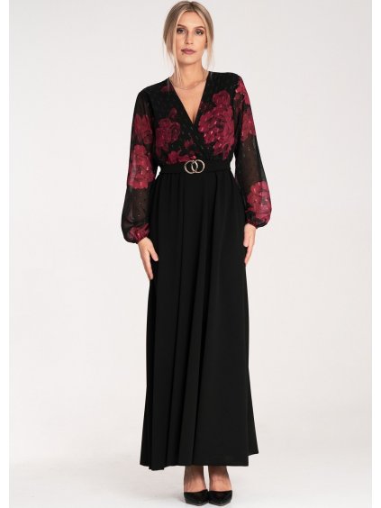 Fekete női maxi ruha hosszú díszes ujjakkal