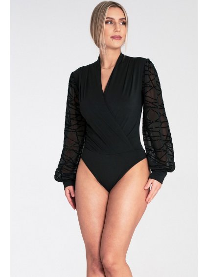 Fekete női átlapolt body díszes ujjakkal