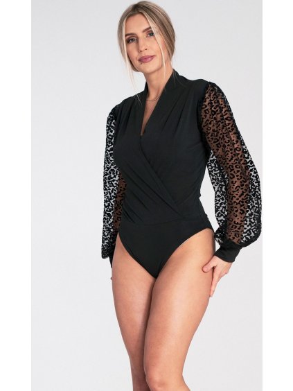 Fekete női átlapolt body leopárdmintás ujjakkal