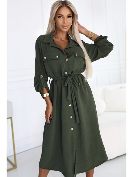 Khaki ing midi ruha derékban megkötővel (Méret ONE SIZE)