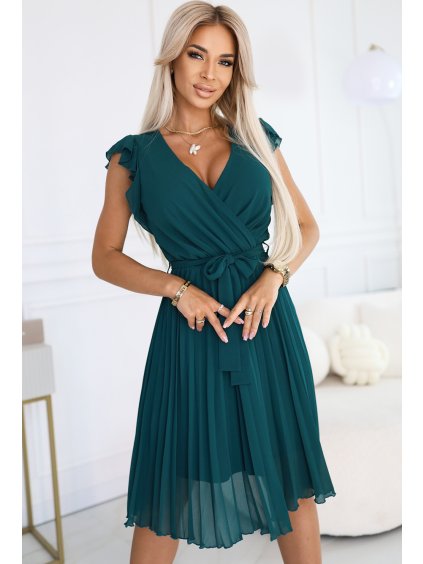 Sötétzöld rakott ruha nyakkivágással és fodrokkal JINNY