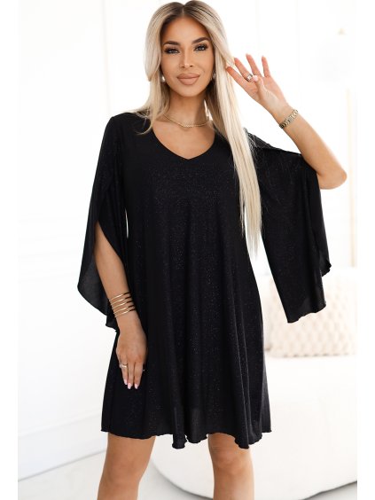 Elegáns fekete ruha csillámmal és pillangós ujjakkal LIVIA