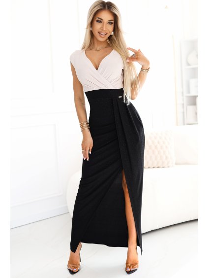 Bézs-fekete ruha csillámmal és hasítékkal MARGE