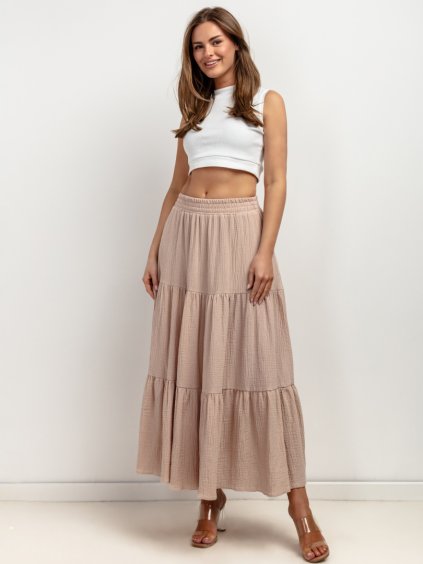 Hosszú női bézs szoknya fodrokkal, világos könnyű muszlinból (Rozmiar L)