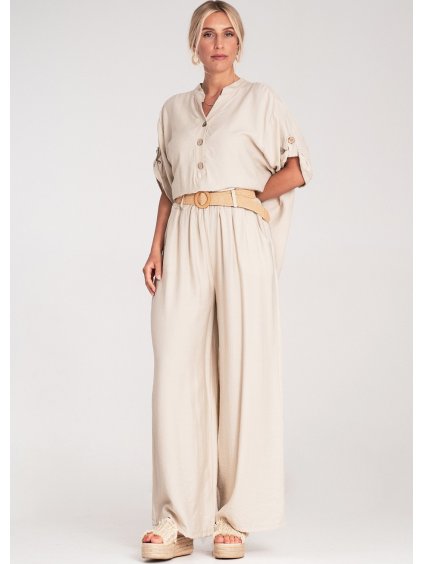 Bézs színű női viszkóz szett, bő ingből és bő nadrágból