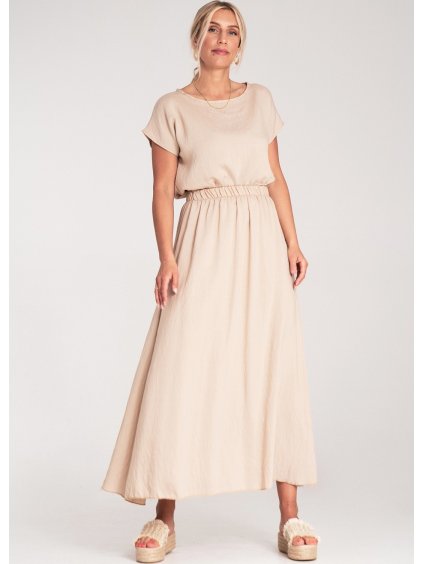 Bézs színű női viszkóz szett, bő blúz és szoknya rugalmas derékkal