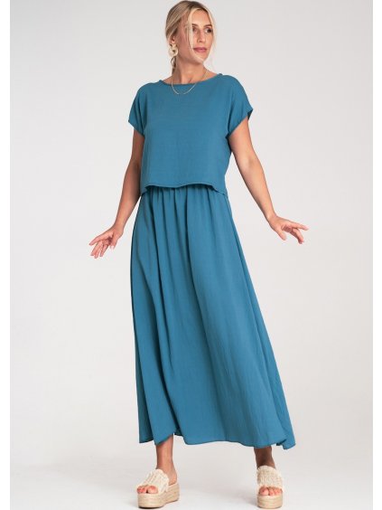 Kék női viszkóz szett, bő blúz és szoknya rugalmas derékkal