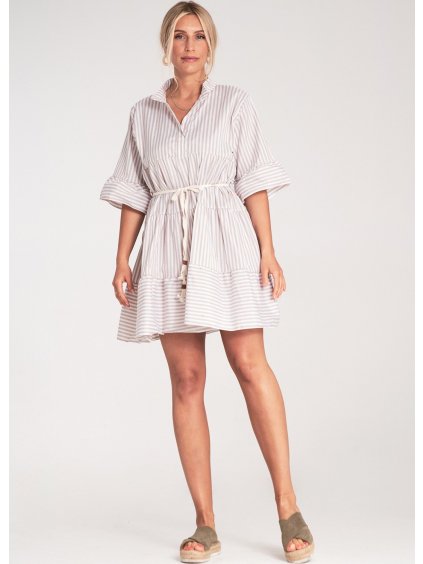 Bézs és fehér csíkos miniruha állógallérral