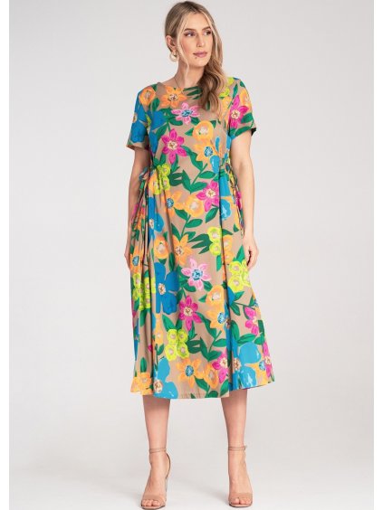 Bézs midi ruha húzózsinórral és virágmintával