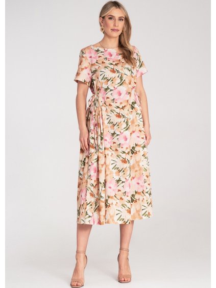 Krémszínű midi ruha húzózsinórral és virágmintával