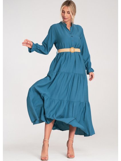 Kék viszkóz maxi ruha állógallérral