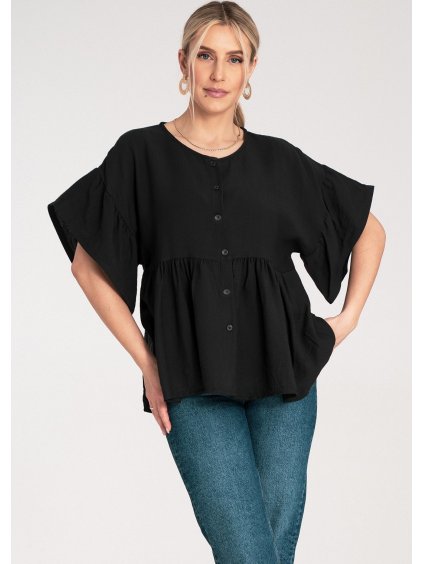 Fekete női blúz viszkózból, bő ujjakkal
