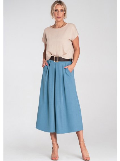 Világoskék női rakott midi szoknya magas derékkal