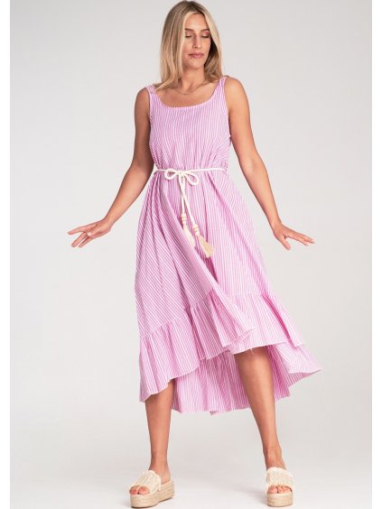 Női rózsaszín pamutruha csíkokal és rojtokkal