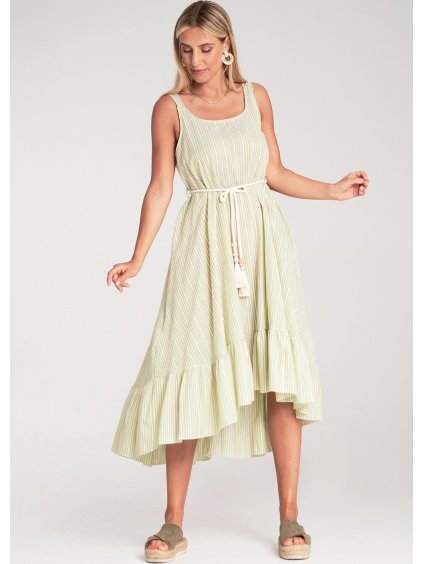 Női világoszöld pamutruha csíkokkal és rojtokkal