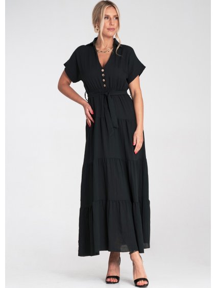 Fekete női viszkóz maxi ruha gallérral
