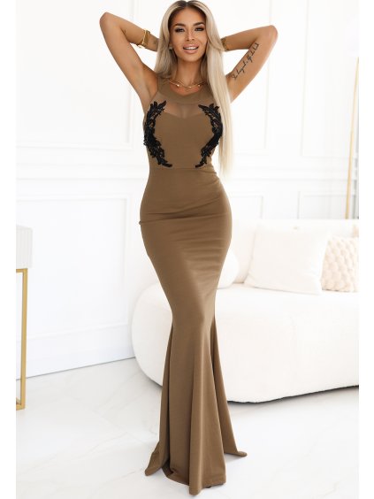 Mokka színű női alkalmi ruha átlátszó betéttel és fekete csipkével
