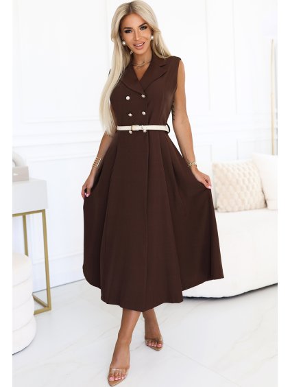 Csokoládébarna női elegáns midi ingruha arany gombokkal és övvel